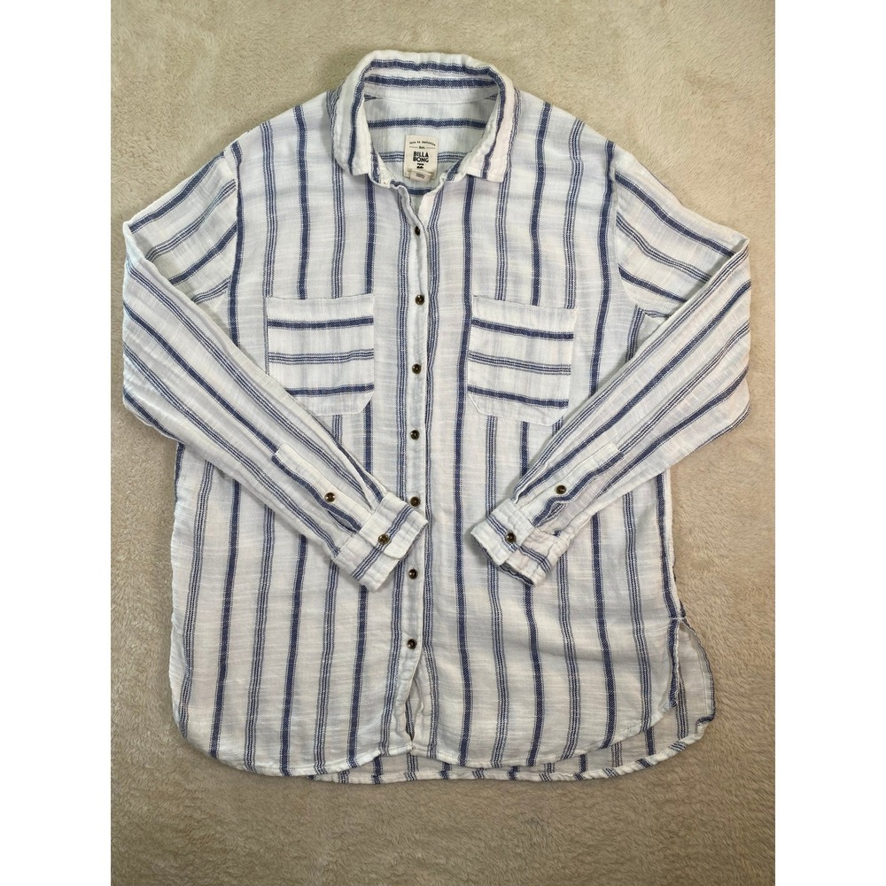 Billabong Womens Blue White Striped Button Down Shirt Cotton Long Sleeve Size M